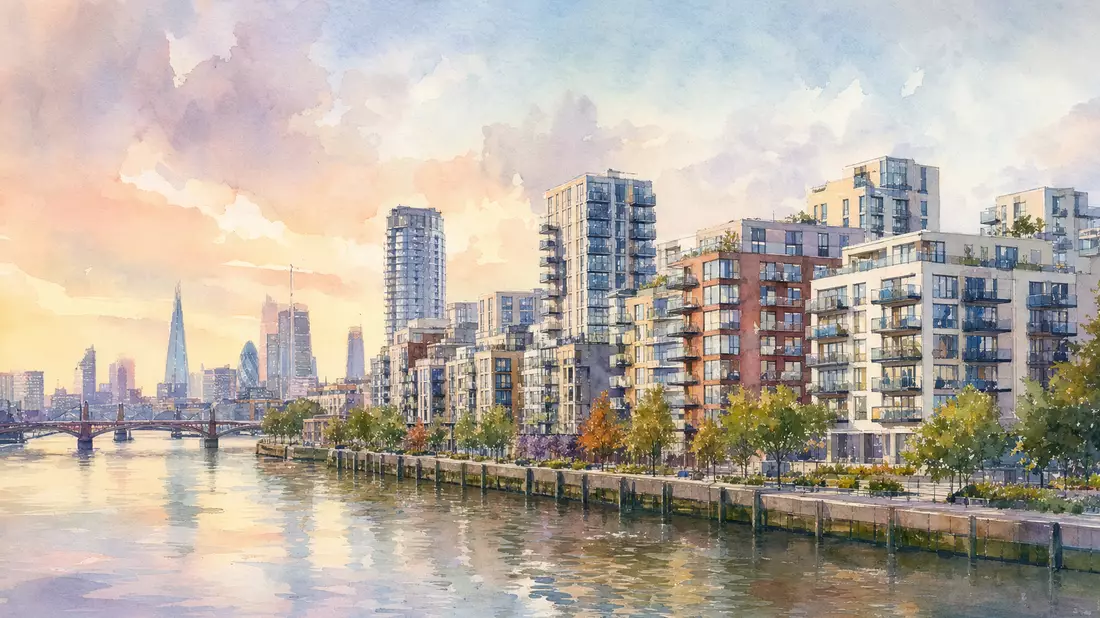 Aquarellbild der Londoner Skyline mit Wohngebäuden am Flussufer bei Sonnenuntergang