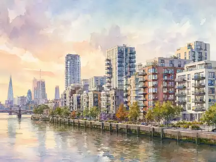 Aquarellmalerei einer Londoner Skyline repräsentiert Morgan Sindall Group plc, ISIN GB0006005892, im Bereich Stadtregeneration - Foto: THN