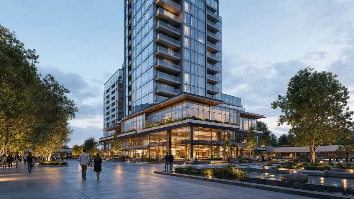 Architektonisches 3D-Render eines modernen Glashochhauses mit belebtem Vorplatz
