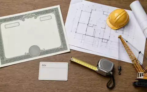 Flatlay mit Aktienzertifikat und ISIN-Karte visualisiert Morgan Sindall Group plc, ISIN GB0006005892, samt Bauwerkzeugen arrangiert - Foto: THN