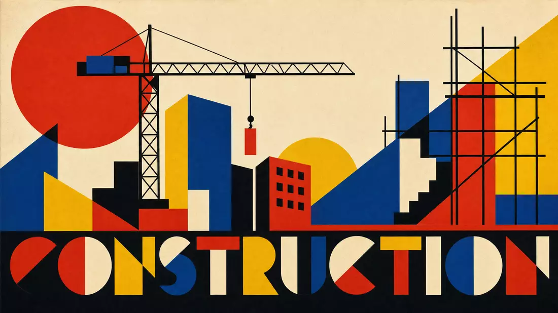 Geometrisches Bauhaus-Poster mit Kran, Gebäuden und Schriftzug CONSTRUCTION