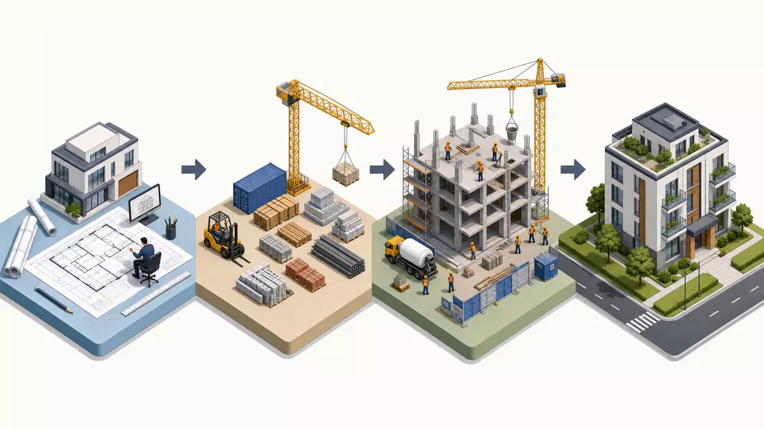 Isometrisches Diagramm der Bauprozesskette von Planung bis fertigem Gebäude