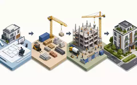 Isometrische 3D-Grafik stellt die Wertschöpfungskette von Morgan Sindall Group plc, ISIN GB0006005892, im Baugewerbe dar - Foto: THN