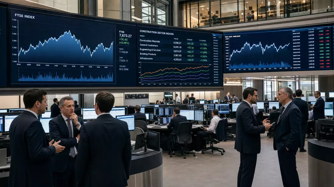 Trading-Floor der Börse mit großen Bildschirmen und Baubranchen-Indexcharts