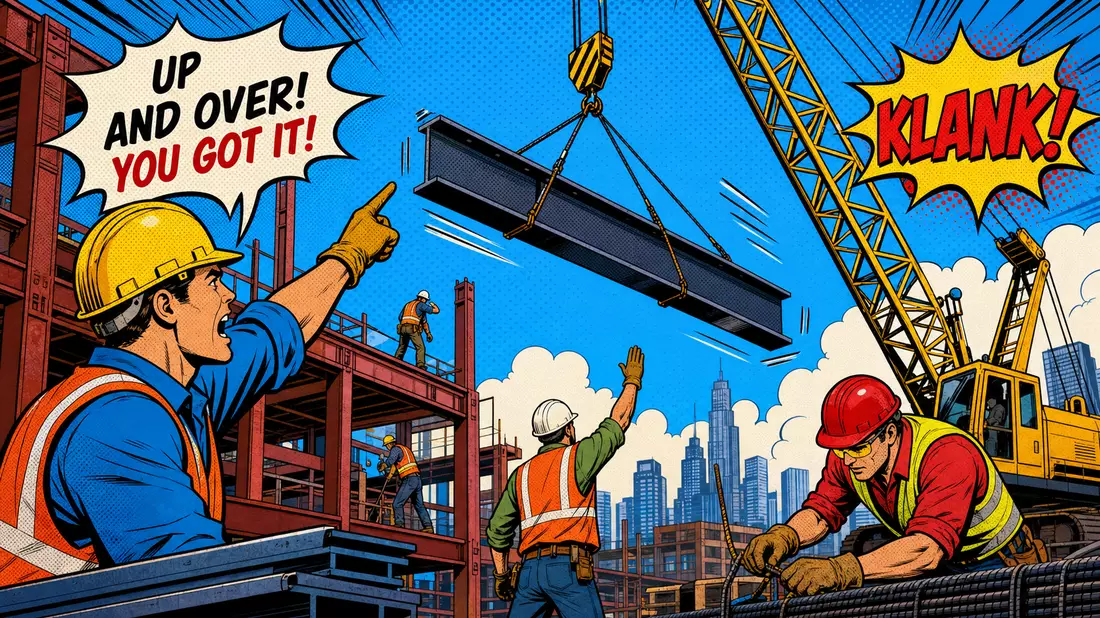 Bunte Pop-Art-Comicszene mit Kran, Bauarbeitern und Sprechblasen auf Baustelle