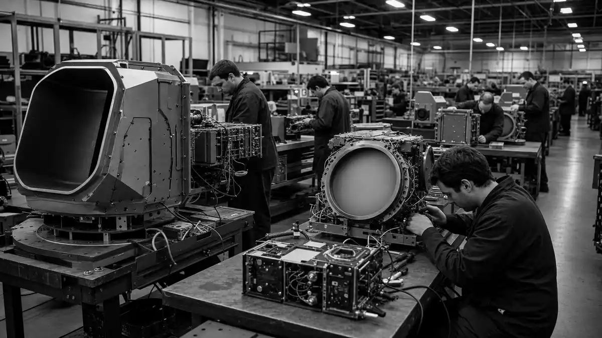 Schwarzweiß-Reportage: Techniker montieren Radar- und Sensorbauteile in Fertigungshalle