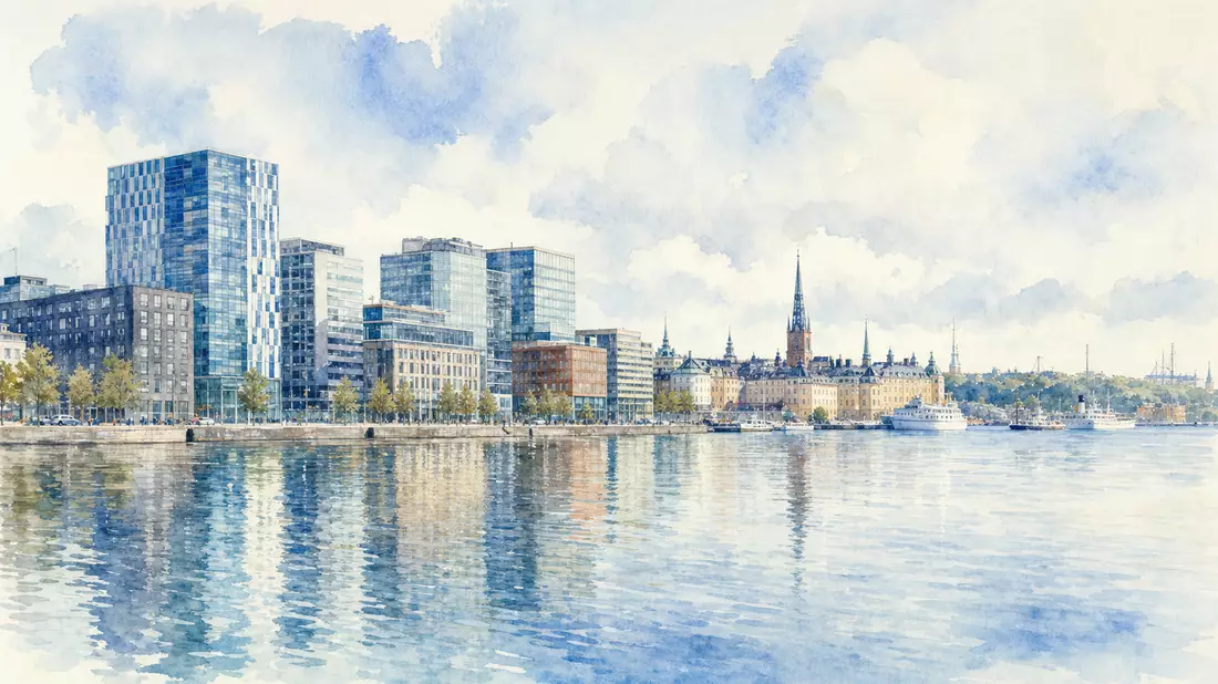Aquarellmalerei der Stockholmer Uferpromenade mit Bürogebäuden und ruhigem Wasser