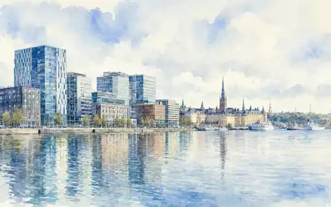Saab AB (ISIN SE0000112385) wird durch ein Aquarell der Stockholmer Skyline am Wasser dargestellt - Foto: THN