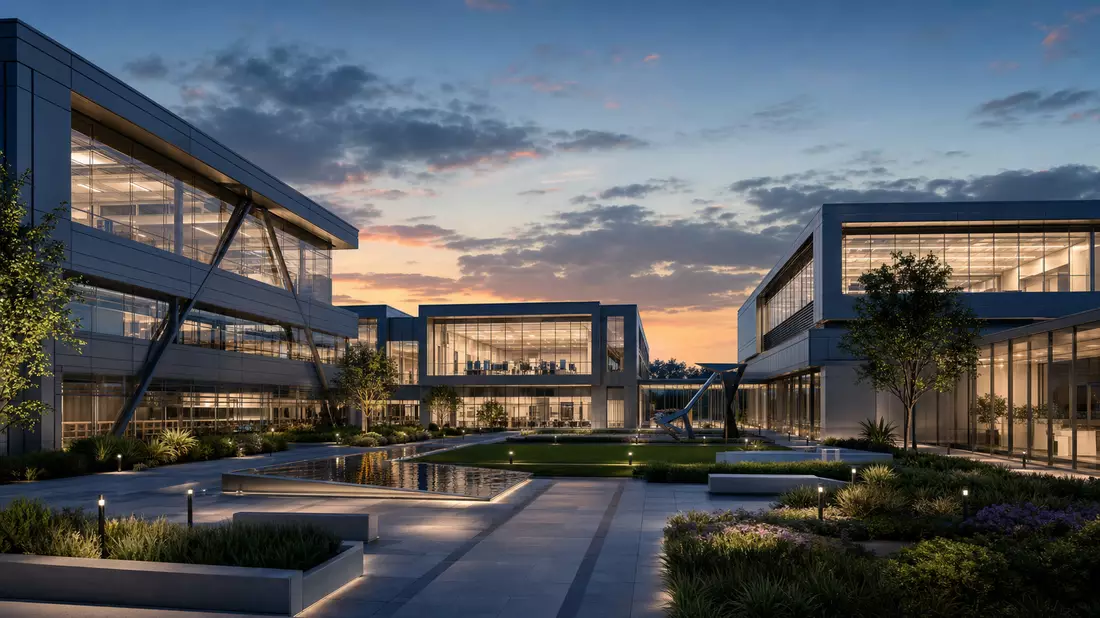 Architektur-Render eines Forschungscampus mit Glasfassaden in der Abenddämmerung