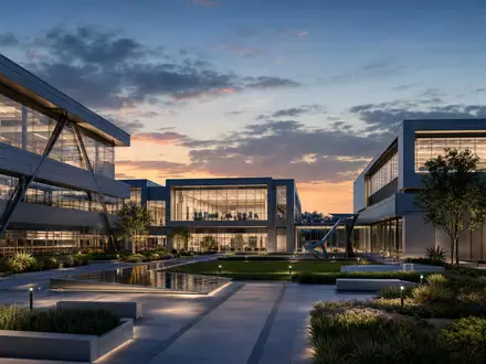 Saab AB (ISIN SE0000112385) zeigt als Architektur-Render einen modernen Forschungscampus für Verteidigungstechnologie am Abend - Foto: THN