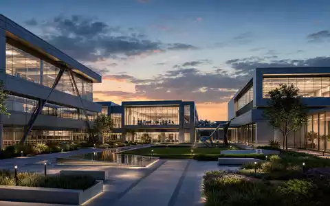 Saab AB (ISIN SE0000112385) zeigt als Architektur-Render einen modernen Forschungscampus für Verteidigungstechnologie am Abend - Foto: THN