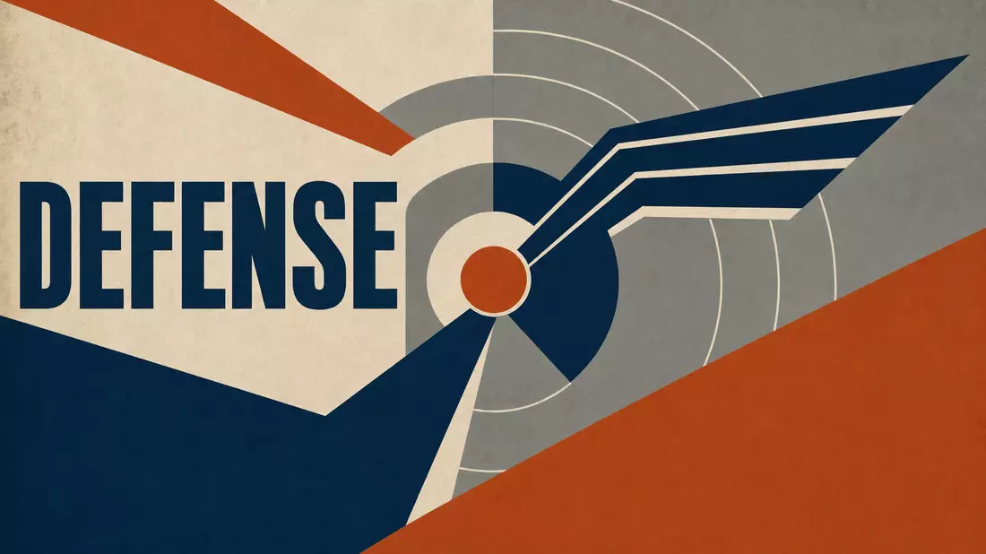 Geometrisches Bauhaus-Poster in Navy, Grau und Orange mit dem Wort DEFENSE