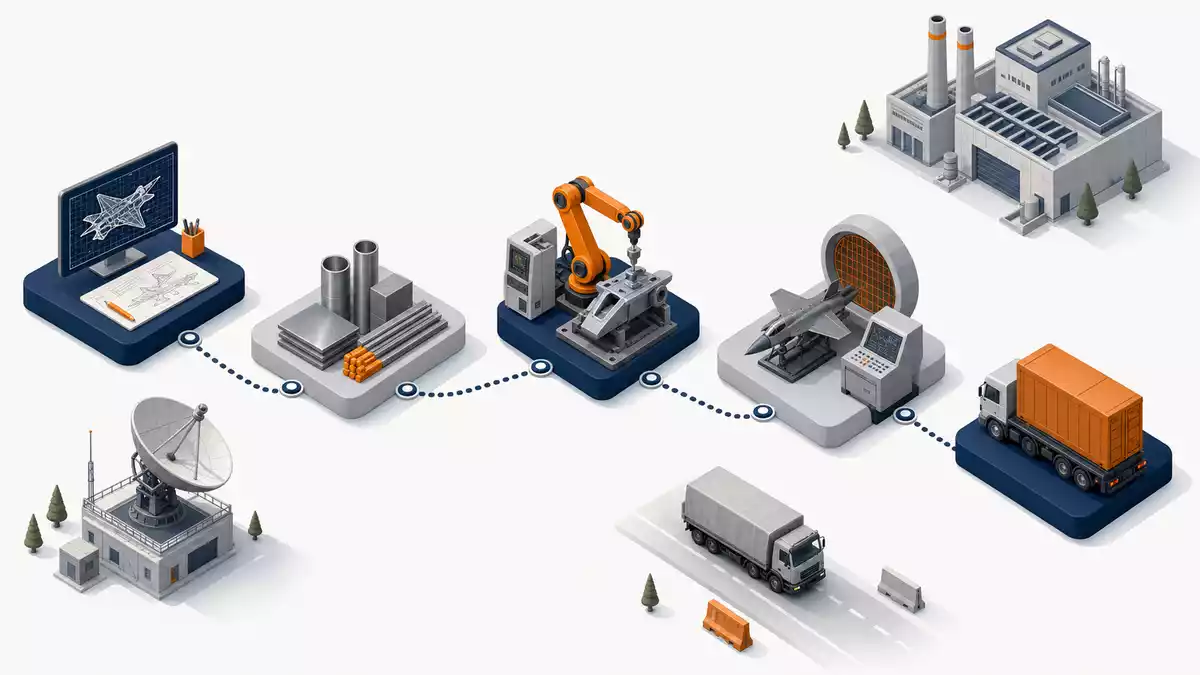 Isometrische 3D-Grafik einer Wertschöpfungskette mit Fabrik, Radar und Lkw