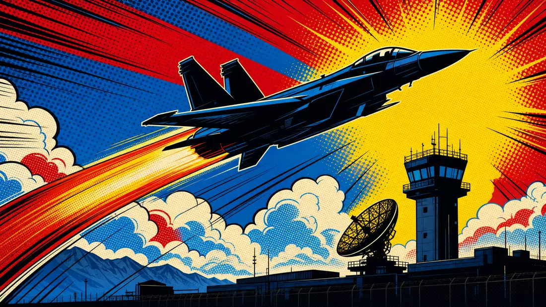 Pop-Art-Comic mit startendem Kampfjet, Radar und Kontrollturm in Farben