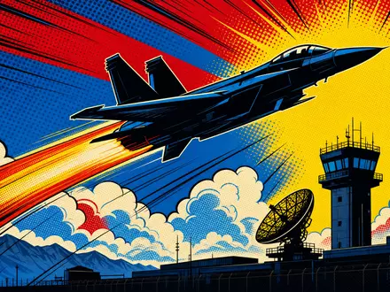 Saab AB (ISIN SE0000112385) wird als farbenfrohe Pop-Art-Comic-Szene mit startendem Kampfjet dargestellt - Foto: THN