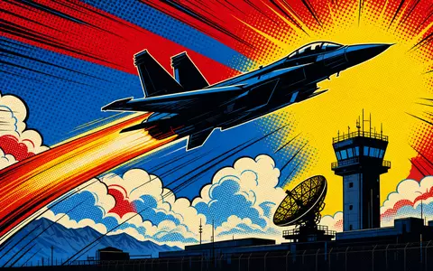 Saab AB (ISIN SE0000112385) wird als farbenfrohe Pop-Art-Comic-Szene mit startendem Kampfjet dargestellt - Foto: THN