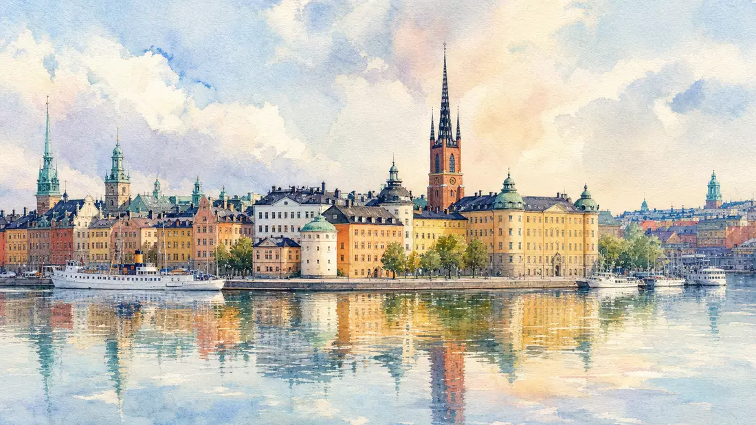 Aquarellgemälde der Stockholmer Altstadt mit Wasser und bunten Häuserfassaden