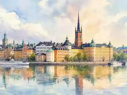 Aquarellmalerei zeigt Stockholms Altstadt und Wasser, EQT AB SE0012853455 verkörpert schwedische Herkunft der Investmentgesellschaft - Foto: THN