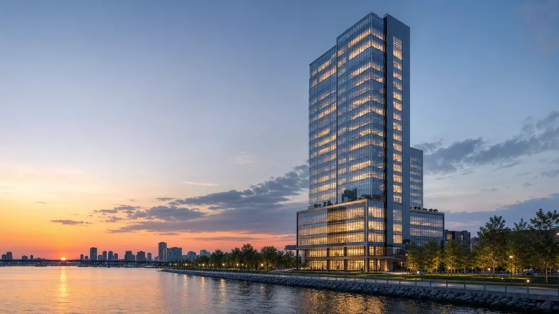 3D-Architekturvisualisierung eines modernen gläsernen Bürohochhauses am Wasser