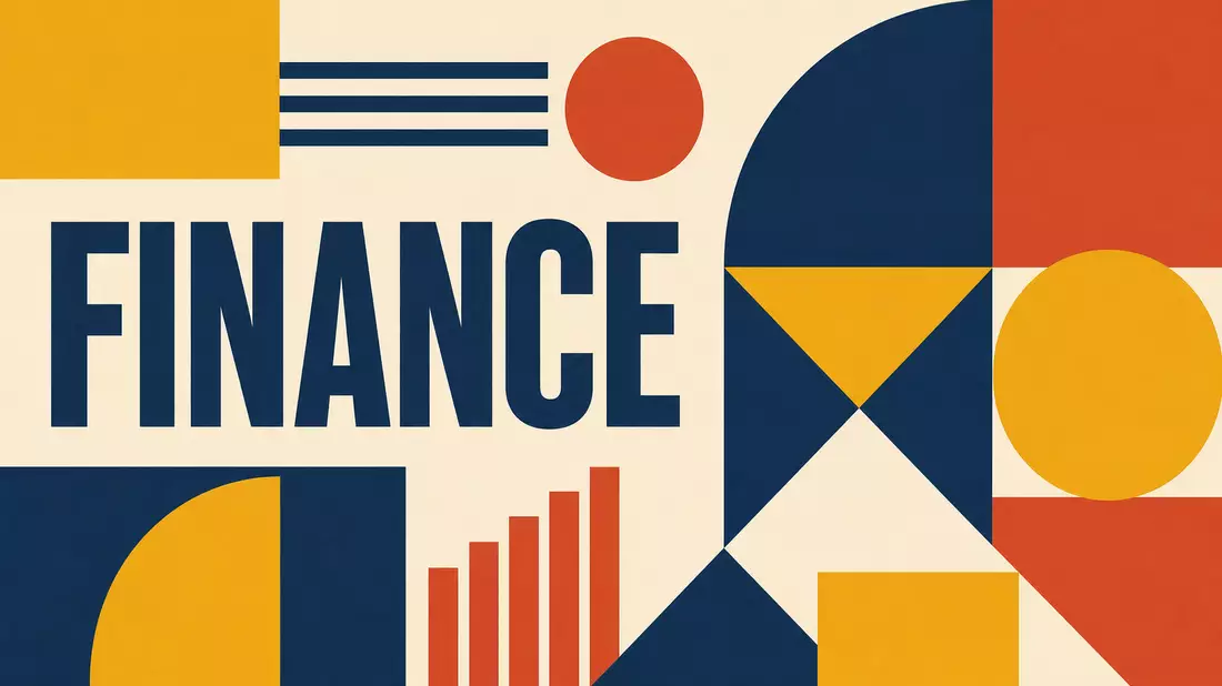 Bauhaus-Poster mit geometrischen Formen und Schriftzug FINANCE in kräftigen Farben