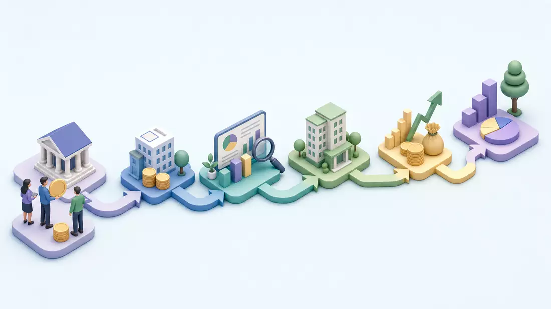Isometrische 3D-Illustration einer Wertschöpfungskette mit Gebäuden und Pfeilen