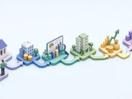 Isometrische 3D-Grafik zeigt Investment-Wertschöpfungskette, EQT AB SE0012853455 veranschaulicht Prozess von Kapitalbeschaffung bis Unternehmensbeteiligung anschaulich - Foto: THN