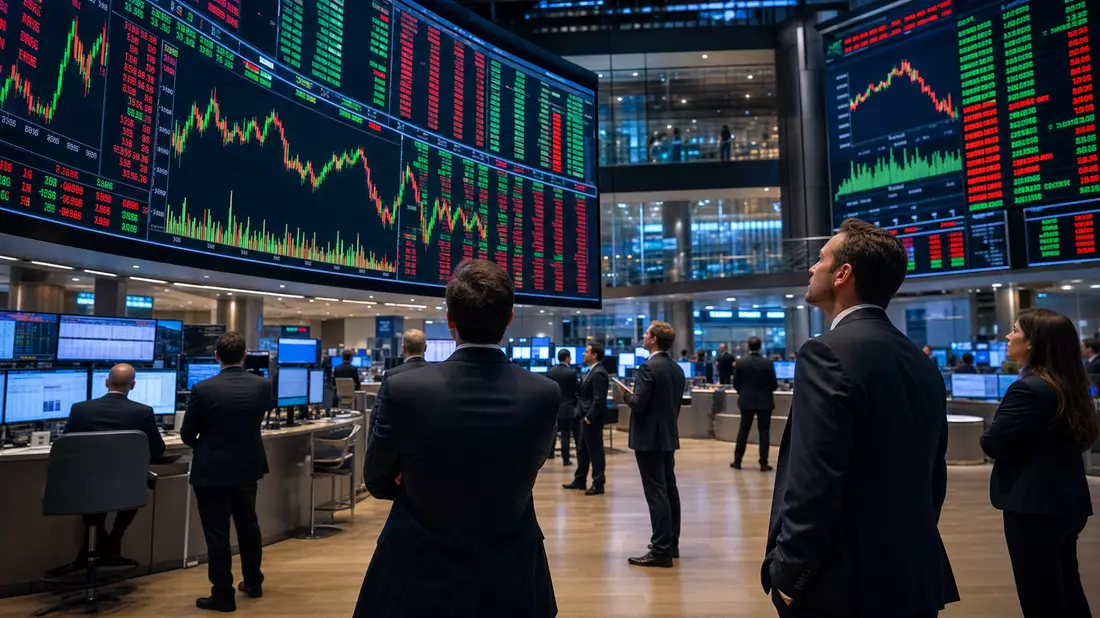Trading-Floor mit großen Kursbildschirmen und OMX-Anzeige im Börsensaal