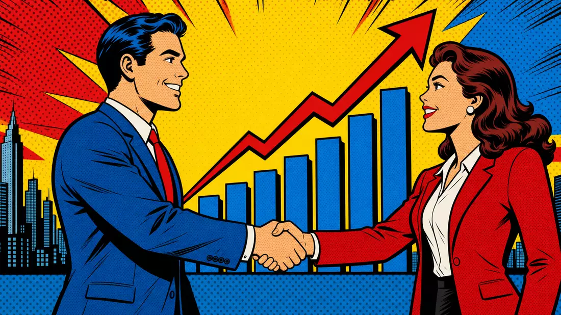 Pop-Art-Comic-Illustration mit Geschäftsleuten, Wachstumspfeilen und Rastermuster