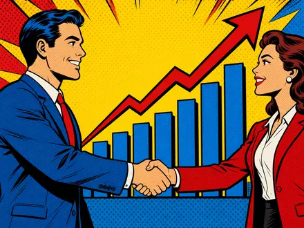 Pop-Art-Comic-Szene mit stilisierten Geschäftsleuten und Diagrammen, EQT AB SE0012853455 vermittelt dynamische Energie der Investmentbranche farbenfroh - Foto: THN