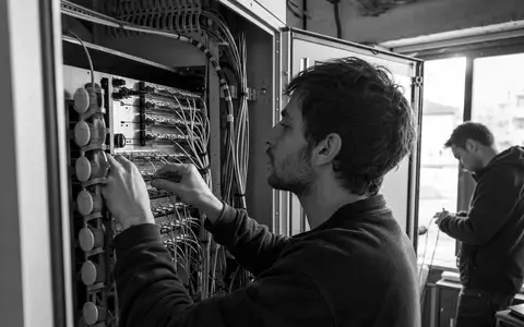 Schwarzweiße Reportage-Fotografie zeigt Techniker bei Glasfaserarbeiten, dokumentiert Tele2 AB, ISIN SE0005190238, im Telekombereich - Foto: THN