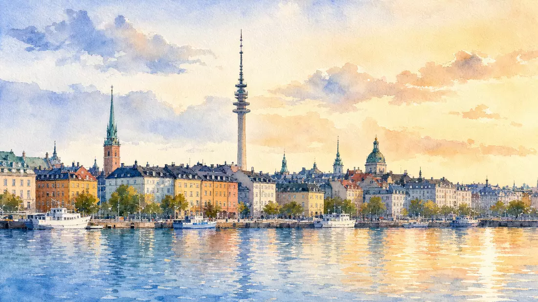 Aquarellbild von Stockholms Skyline mit Sendemast in Pastelltönen