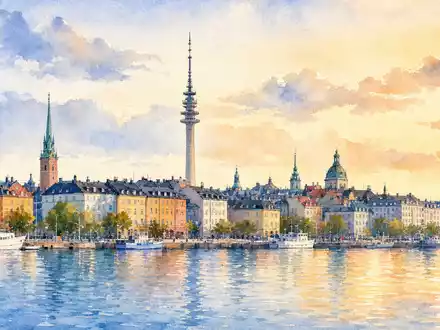 Aquarellmalerei zeigt Stockholms Skyline mit Sendeturm, künstlerisch inspiriert von Tele2 AB, ISIN SE0005190238, Telekommunikationsunternehmen - Foto: THN