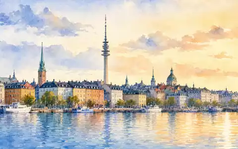 Aquarellmalerei zeigt Stockholms Skyline mit Sendeturm, künstlerisch inspiriert von Tele2 AB, ISIN SE0005190238, Telekommunikationsunternehmen - Foto: THN