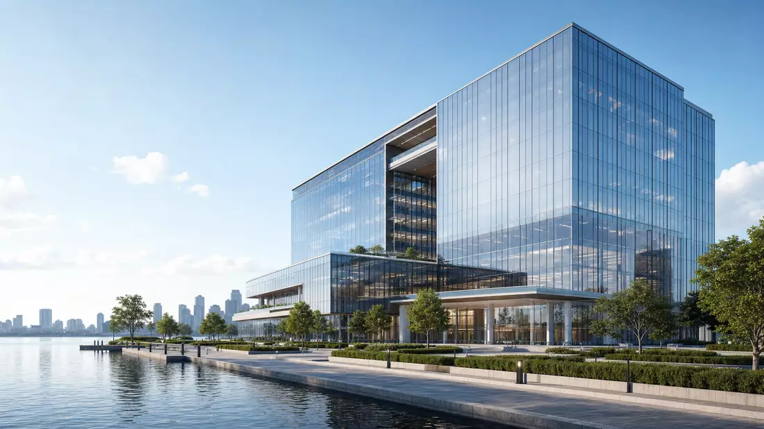 Architektur-Render eines gläsernen Bürohochhauses am Wasser bei Tag