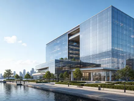 Architektonischer 3D-Render eines modernen Bürohochhauses mit Glasfassade, passend zu Tele2 AB, ISIN SE0005190238, Telekommunikationssitz - Foto: THN