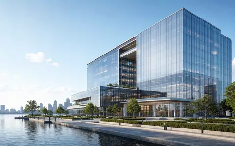 Architektonischer 3D-Render eines modernen Bürohochhauses mit Glasfassade, passend zu Tele2 AB, ISIN SE0005190238, Telekommunikationssitz - Foto: THN