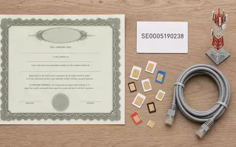 Flatlay-Arrangement mit Aktienzertifikat und ISIN-Karte visualisiert Tele2 AB, ISIN SE0005190238, ergänzt durch SIM-Karten und Kabel - Foto: THN