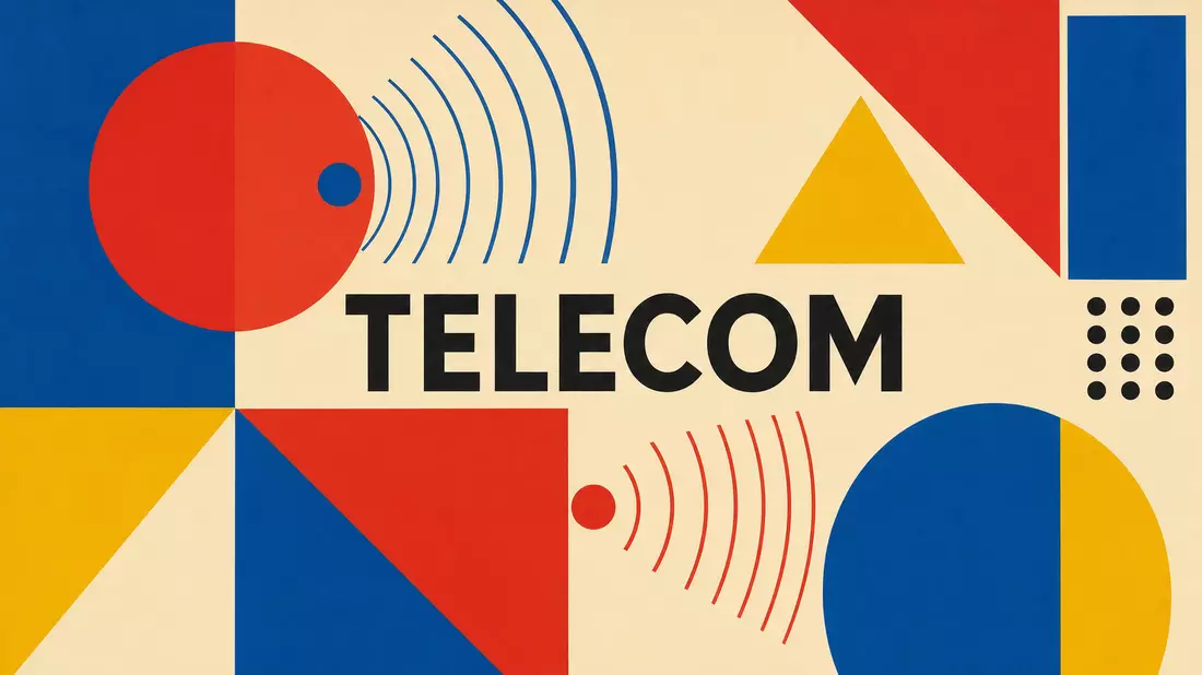 Bauhaus-Poster mit geometrischen Formen und dem Wort TELECOM