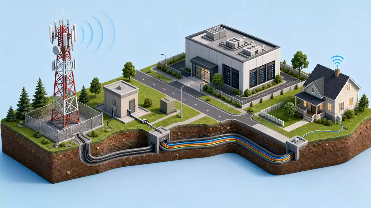 Isometrische 3D-Grafik der Telekom-Wertschöpfungskette vom Mast zum Haus