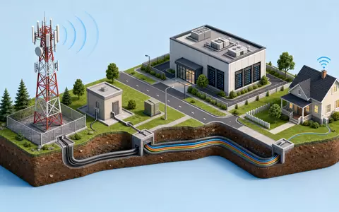 Isometrische 3D-Grafik zeigt Wertschöpfungskette der Telekommunikation, verbunden mit Tele2 AB, ISIN SE0005190238, Netz zu Nutzer - Foto: THN
