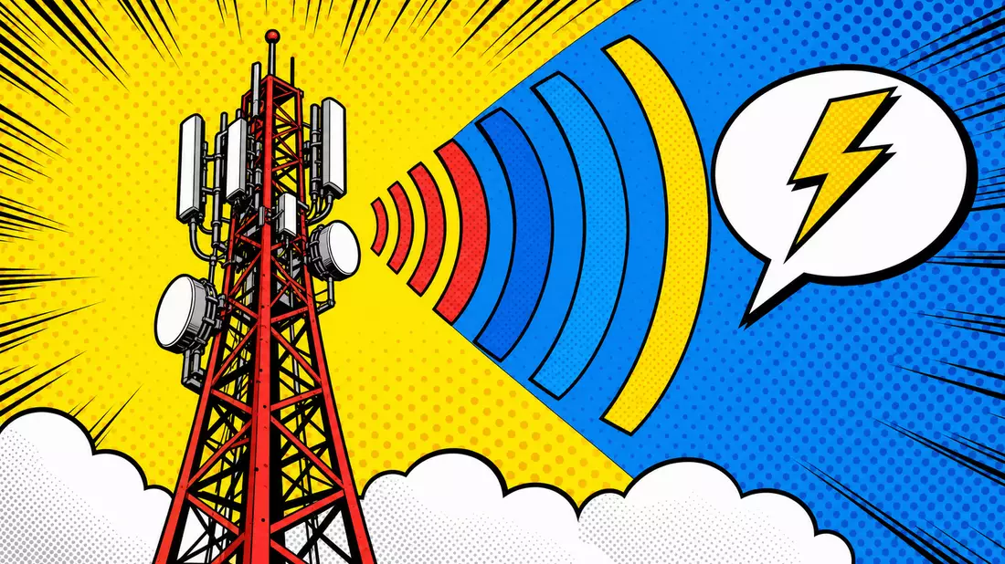 Pop-Art-Comicbild mit buntem Sendeturm und Halftone-Sprechblasen