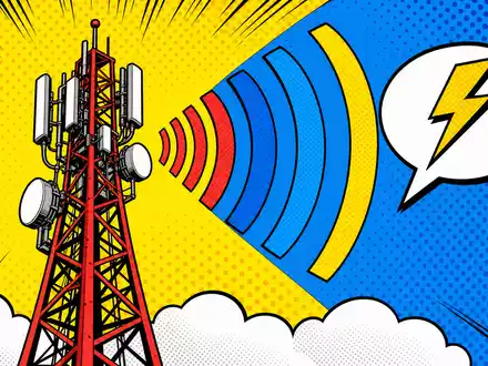 Pop-Art-Comicszene mit stilisiertem Sendeturm und Sprechblasen visualisiert die Branche von Tele2 AB, ISIN SE0005190238, farbenfroh - Foto: THN
