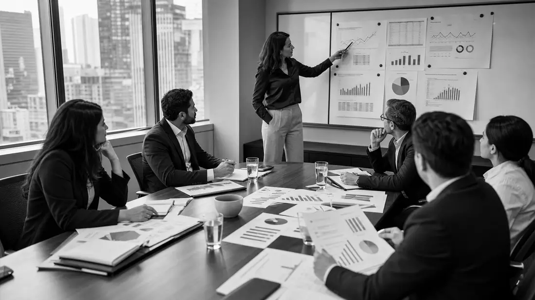 Schwarzweiß-Reportagefoto einer Investorenbesprechung mit Charts, Bezug Kinnevik AB