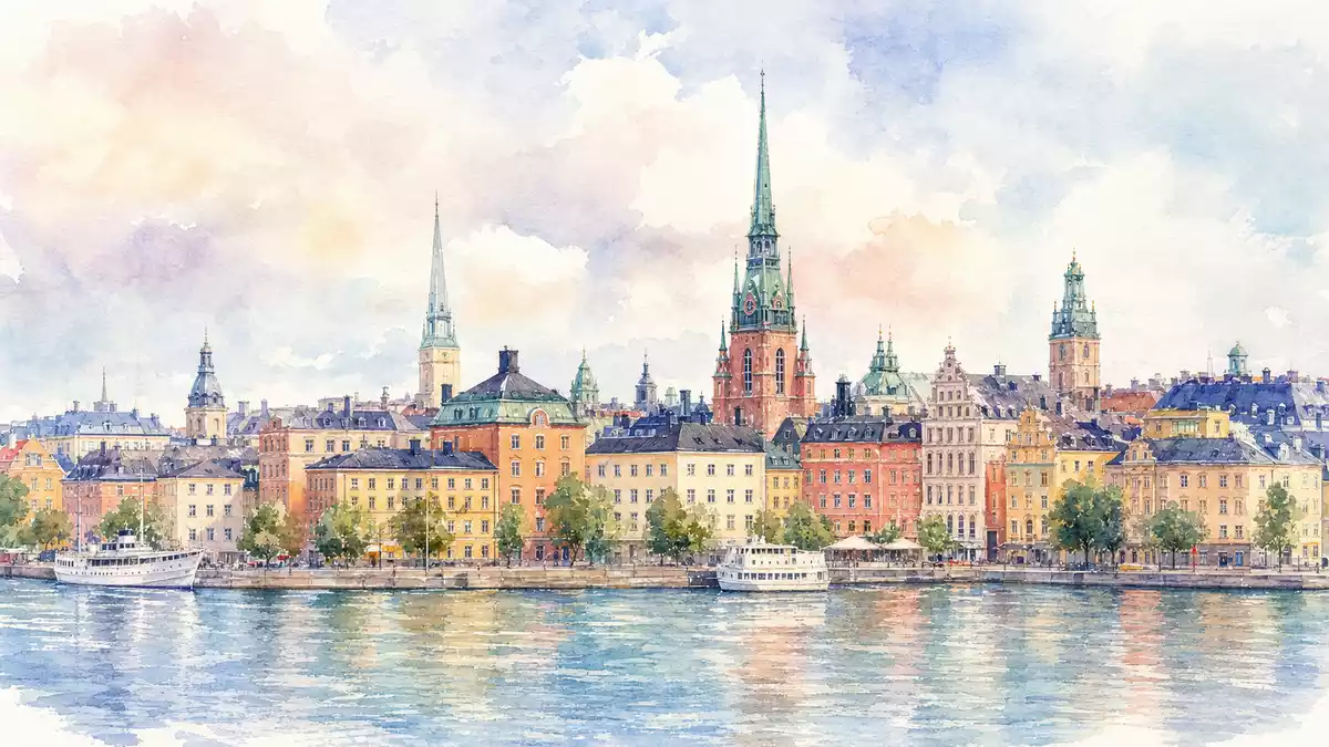 Aquarellbild der Stockholmer Skyline am Wasser, künstlerisch für Kinnevik AB gestaltet