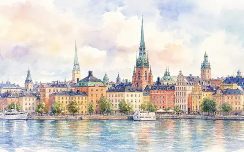 Kinnevik AB (ISIN SE0015810247) präsentiert Aquarellmalerei der Stockholmer Altstadt-Silhouette am Wasser mit historischen Türmen - Foto: THN