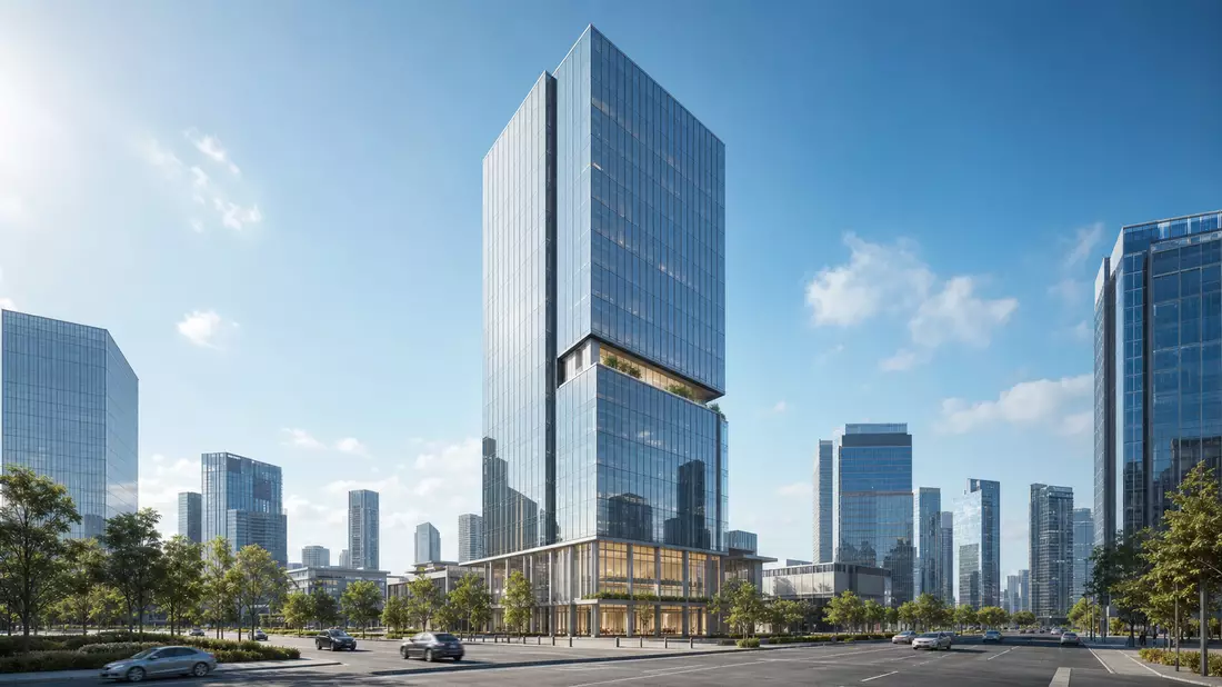 Architektur-Rendering eines gläsernen Bürohochhauses, Symbolbild für Kinnevik AB