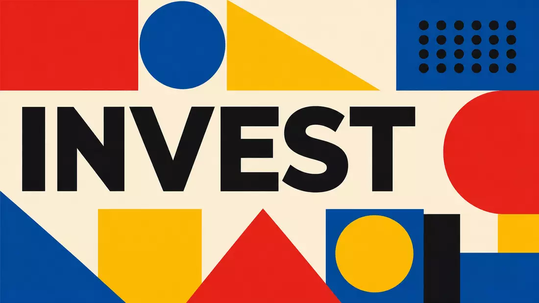 Bauhaus-Poster mit geometrischen Formen und Schriftzug INVEST, Bezug zu Kinnevik AB