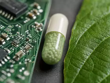 Kinnevik AB (ISIN SE0015810247) veranschaulicht Makroaufnahme von Platine, Kapsel und Blatt für Technologie und Gesundheit - Foto: THN