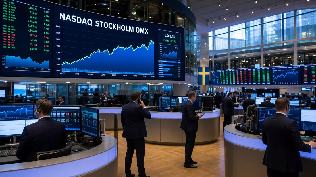 Trading-Floor mit Kursbildschirmen der Nasdaq Stockholm, redaktionell zu Kinnevik AB