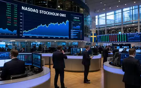 Kinnevik AB (ISIN SE0015810247) zeigt Börsen-Editorial mit Handelssaal, Kursbildschirmen und Nasdaq Stockholm OMX Index - Foto: THN